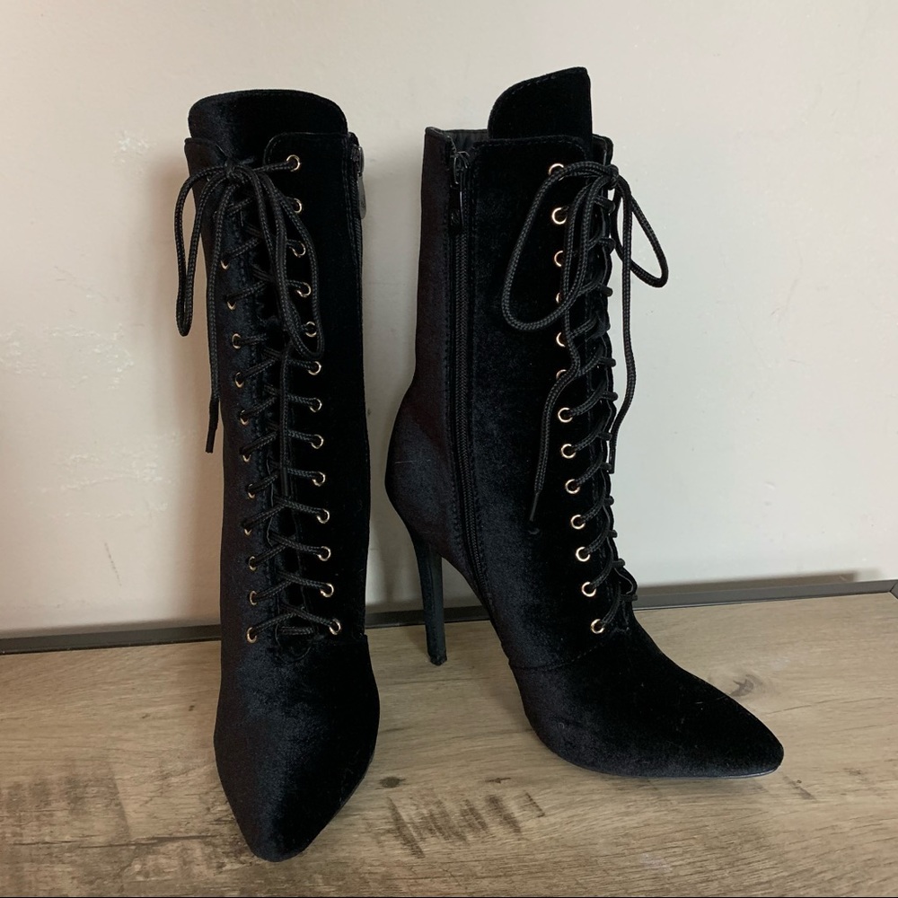 PUBLIC DESIRE Black VELVET Stiletto SPIKE Heel DOMINATRIX Lace Up POINTY BOOTS 7 - Picture 3 of 6